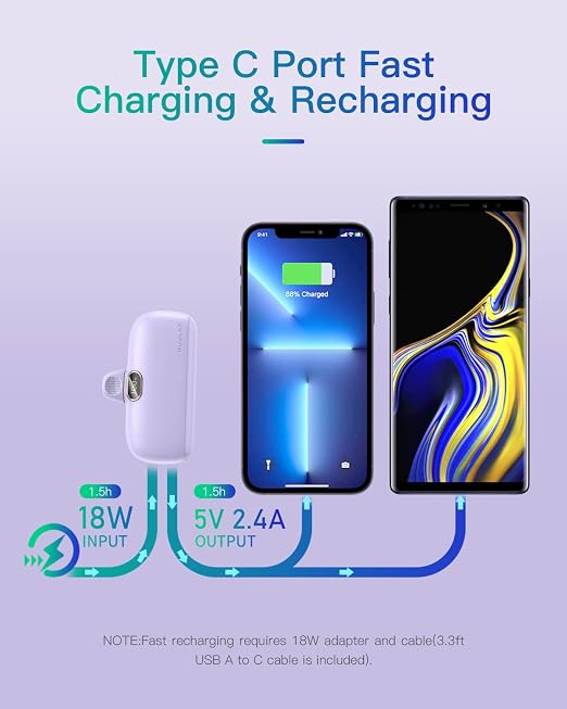 Portable Charger with Built-in Lightning Cable 5000mAh Small iPhone Fast Charging