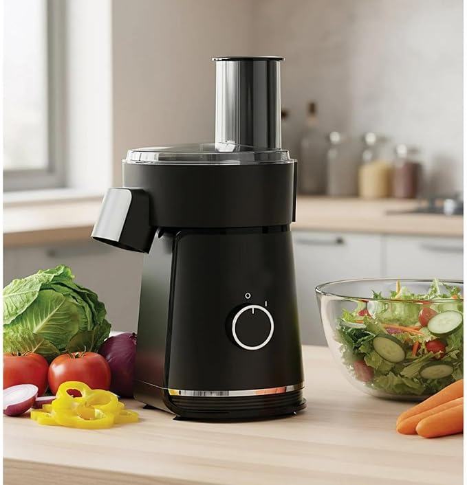 6 in 1 Electric Salad Maker, Black, 200W Food Processor with Slicing Shredding Chopping, 900ml Capacity, 6 Stainless Steel Blades, One-Knob Control, Safety Lock, Anti-Slip Base
