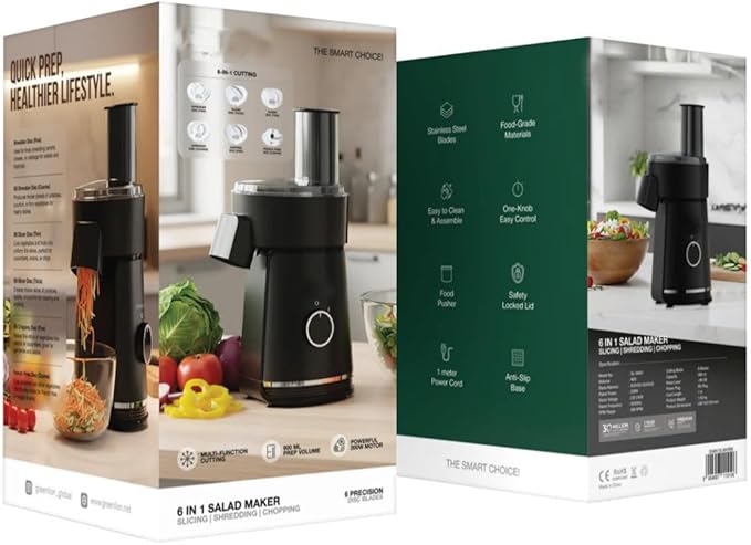 6 in 1 Electric Salad Maker, Black, 200W Food Processor with Slicing Shredding Chopping, 900ml Capacity, 6 Stainless Steel Blades, One-Knob Control, Safety Lock, Anti-Slip Base