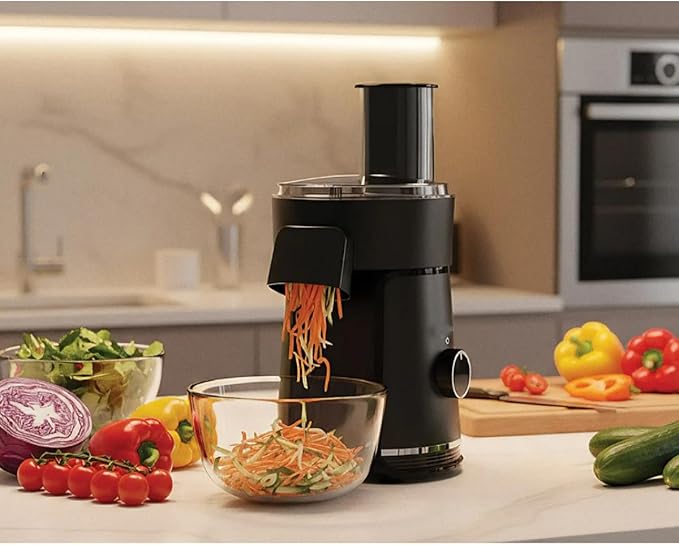 6 in 1 Electric Salad Maker, Black, 200W Food Processor with Slicing Shredding Chopping, 900ml Capacity, 6 Stainless Steel Blades, One-Knob Control, Safety Lock, Anti-Slip Base