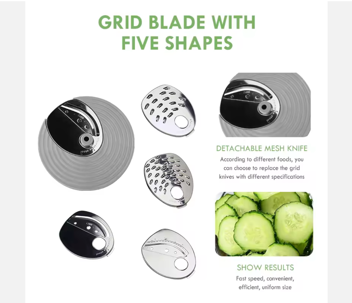 6 in 1 Electric Salad Maker, Black, 200W Food Processor with Slicing Shredding Chopping, 900ml Capacity, 6 Stainless Steel Blades, One-Knob Control, Safety Lock, Anti-Slip Base