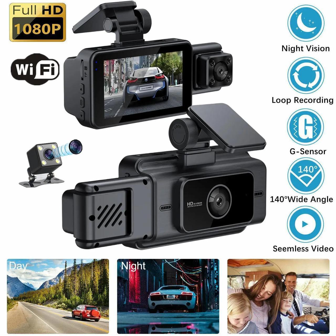 Full HD 1080P Car Dash Camera with Three Lenses | Video Recorder | WiFi app Control | Night Vision | Motion Detection and G Sensor |