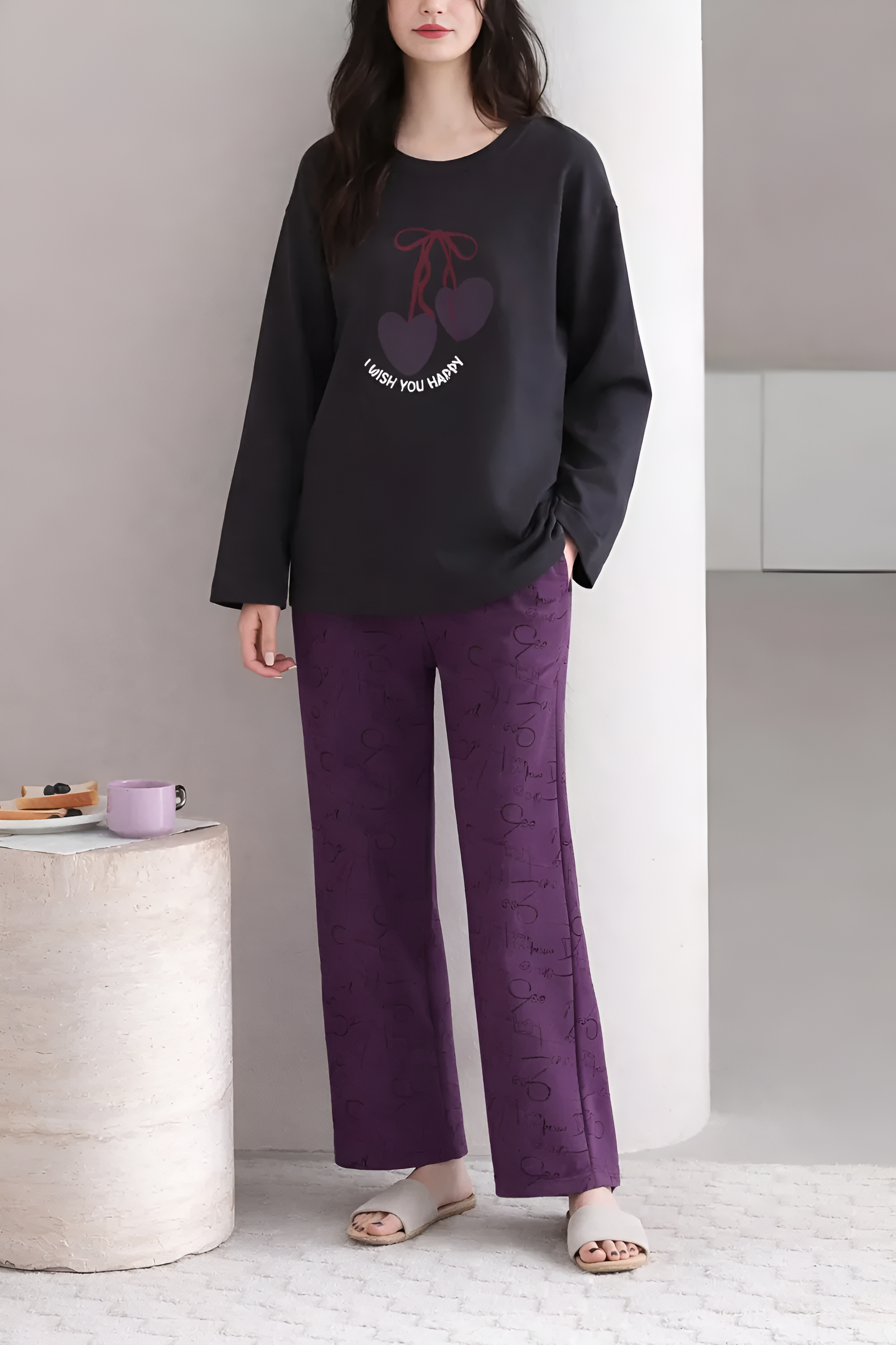 Black i wish you happy Printed with Purple printed Pajama Full sleeves night suit The Ultimate Dream Wear Sleep Suit